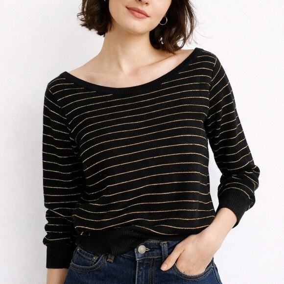 Jungle Paris Sweaters - Vintage Jungle Paris Black Gold Metallic Stripe Boat Neck Sweater Size Small